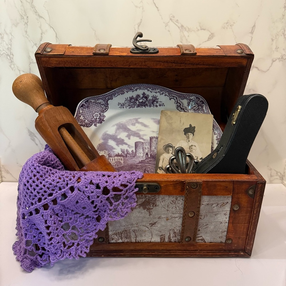 Wood dome lid box bundle vignette Johnson Bros. purple plate wood wine corker